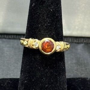 14K gold nugget/diamond/garnet ring.